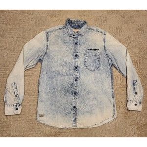 Ed Hardy Shirt Men's Medium Blue Denim Long Sleeve Button Up Embroidered Logo